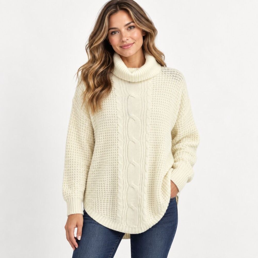 Alison Andrews Women’s Ivory Cable Knit Oversized Turtleneck Sweater Large NWT
